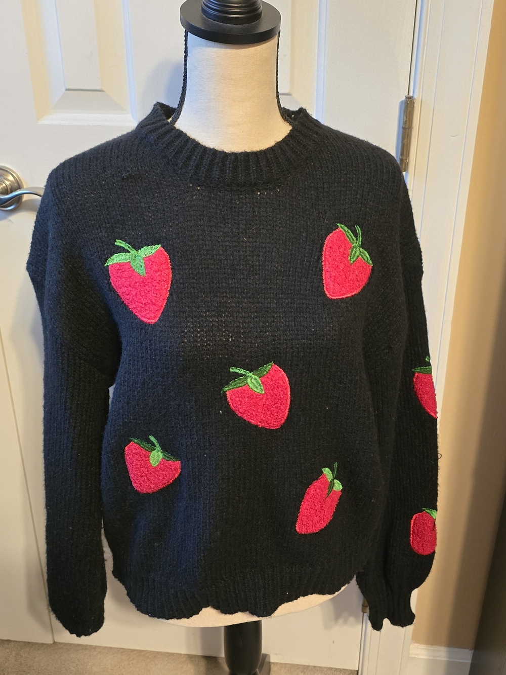 SHEIN Black V-Neck Sweater with Red Strawberry Appliqués